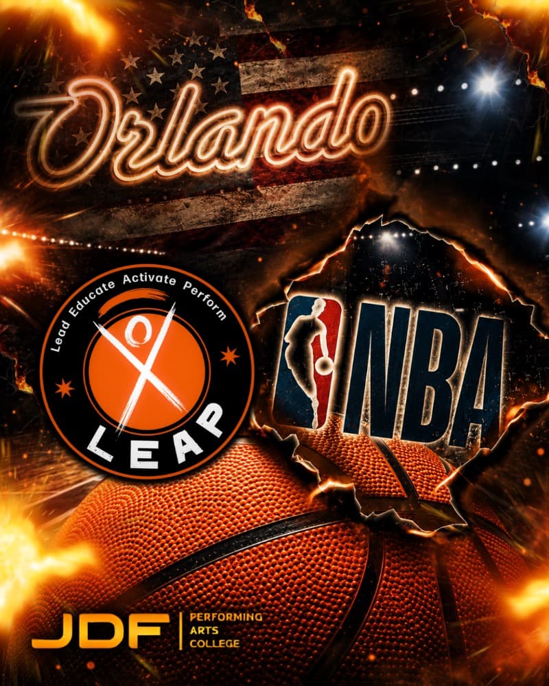 JDF Performing Arts College LEAP Orlando NBA trip promo with neon 'Orlando' type, the NBA logo and a basketball on a fiery background.