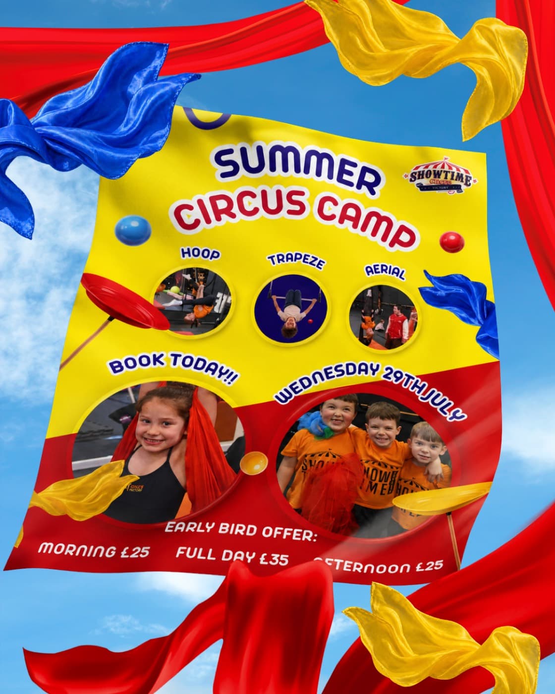 Showtime Circus Factory 'Summer Circus Camp' poster featuring hoop, trapeze and aerial activities with smiling children and silks.